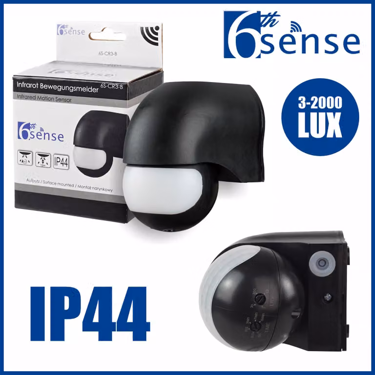 Sensore di movimento esterno, colore nero. Sensore PIR SLIM, angolo di rilevamento 180°, portata 12 metri, grado di protezione IP44, con LED, da montare a parete