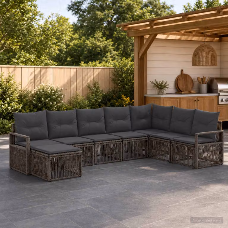 Set Divano da Giardino vidaXL 8 Pezzi a Forma di U in Polyrattan Grigio con Cuscini e Ottoman
