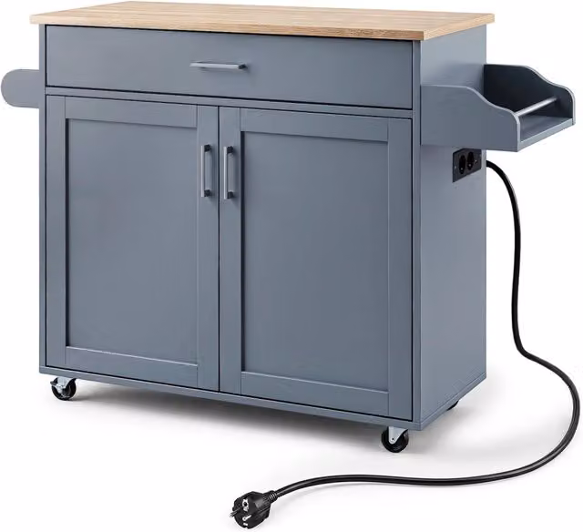 Isola da cucina con mensola regolabile in 3 posizioni con ciabatta elettrica, Carrello da cucina con ruote di gomma Grigio