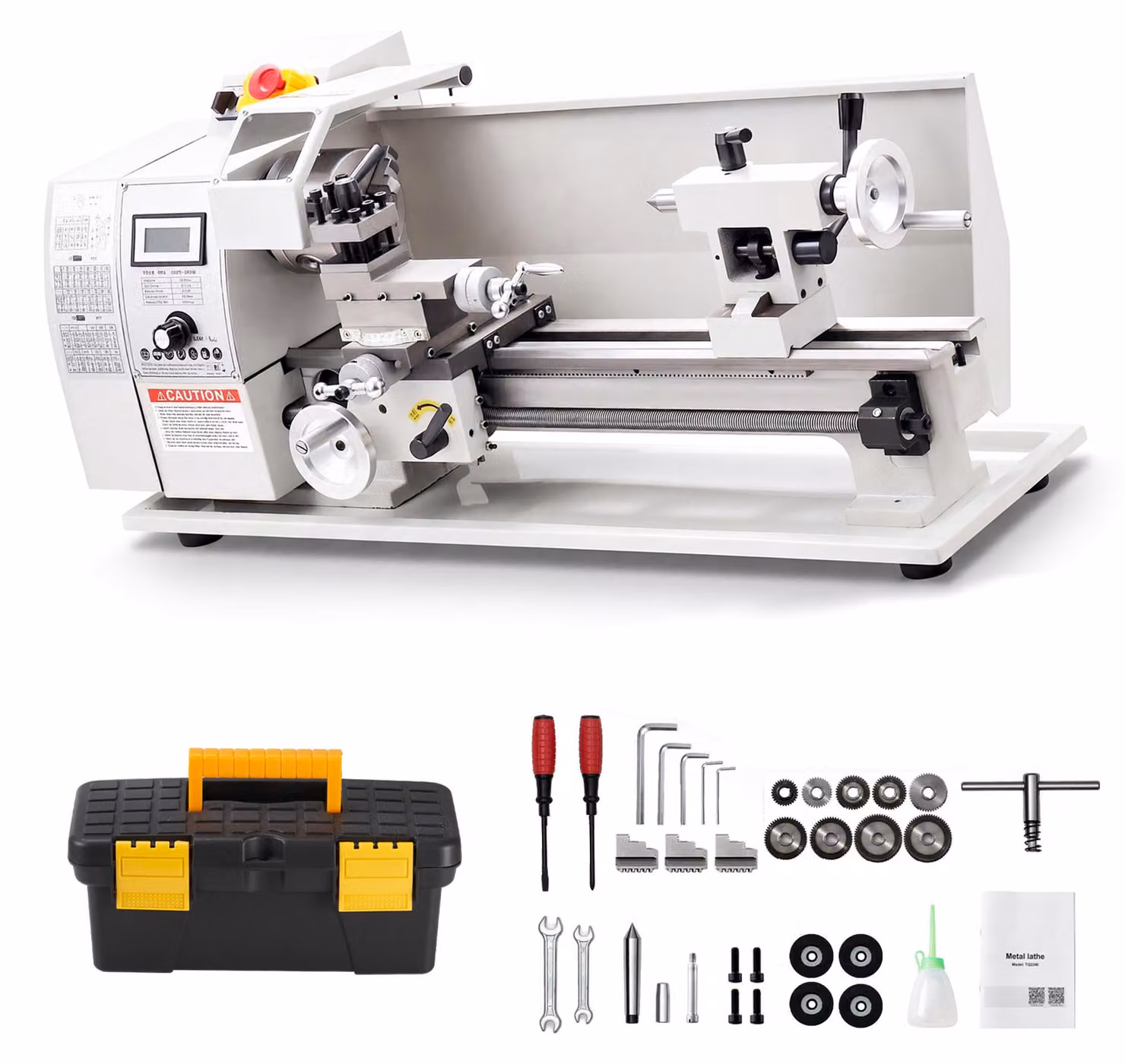 Tornio da banco SucceBuy in metallo, dimensioni 220 x 402 mm, potenza 650 W, ideale per la lavorazione dei metalli, per officine. Dotato di velocità regolabile fino a 2500 giri/min, sistema di sicurezza di emergenza e capacità di realizzare 14 filettature