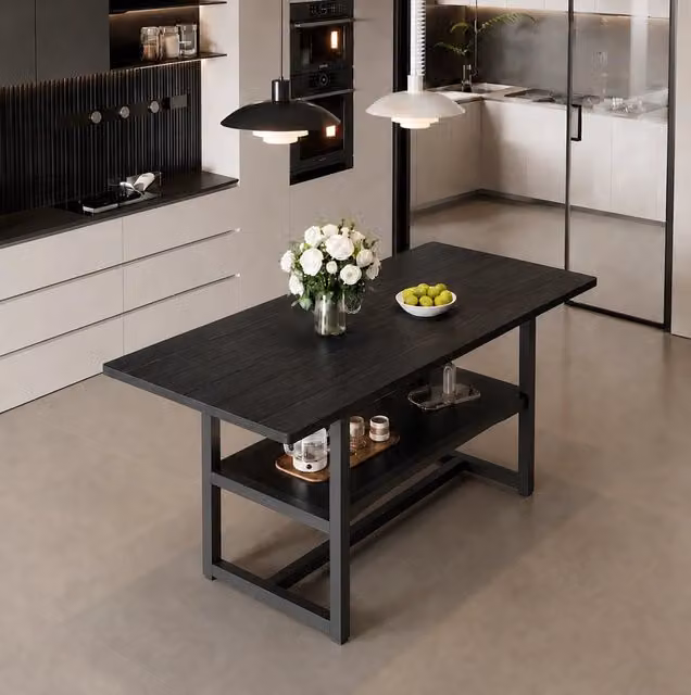 Tavolo da pranzo ULEVR 160x90x76 cm per 4-6 persone con ripiano integrato, MDF e metallo nero