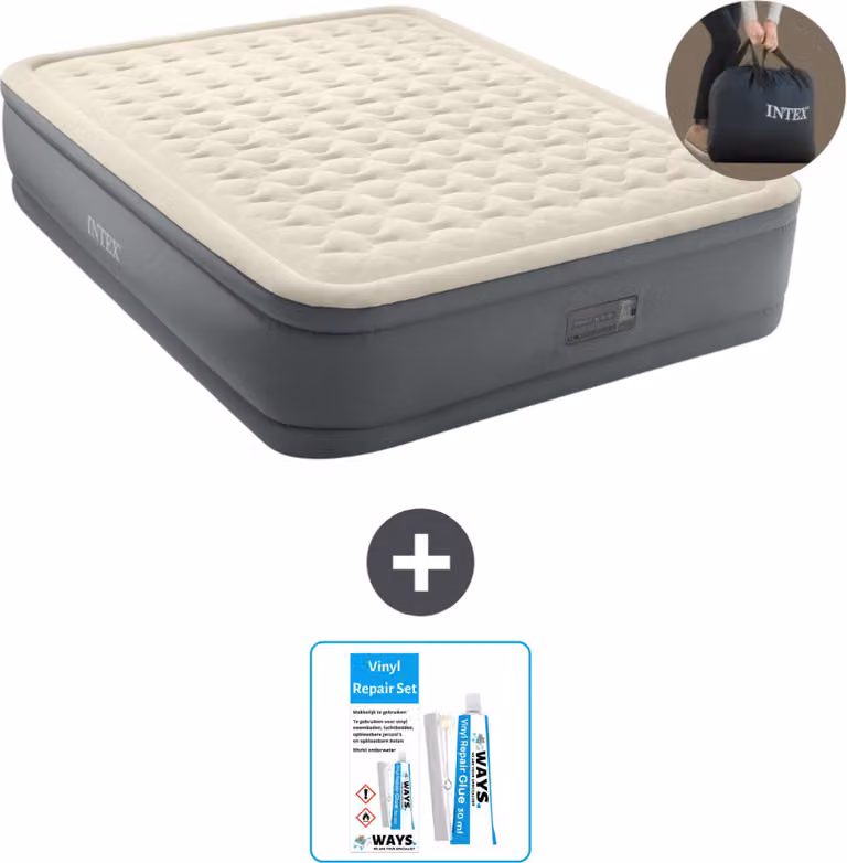 Intex Airbed - 2 persone - 152 x 203 x 46 cm - Grigio - Pompa inclusa - Kit di riparazione