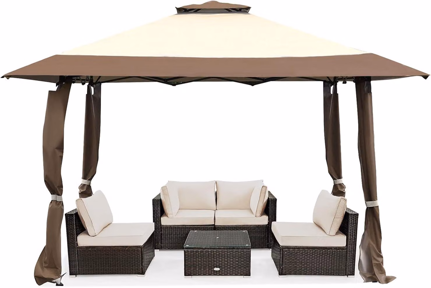 Gazebo COSTWAY 4x4m, gazebo pieghevole pop up con doppio tetto, borsa per il trasporto e ruote, gazebo da giardino per feste impermeabile, stabile, protezione UV 50+ marrone