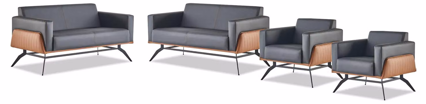 Komplett-Set Schwarz Braun Lehnsessel Leder 2-Sitzer Sessel Sofa-Set