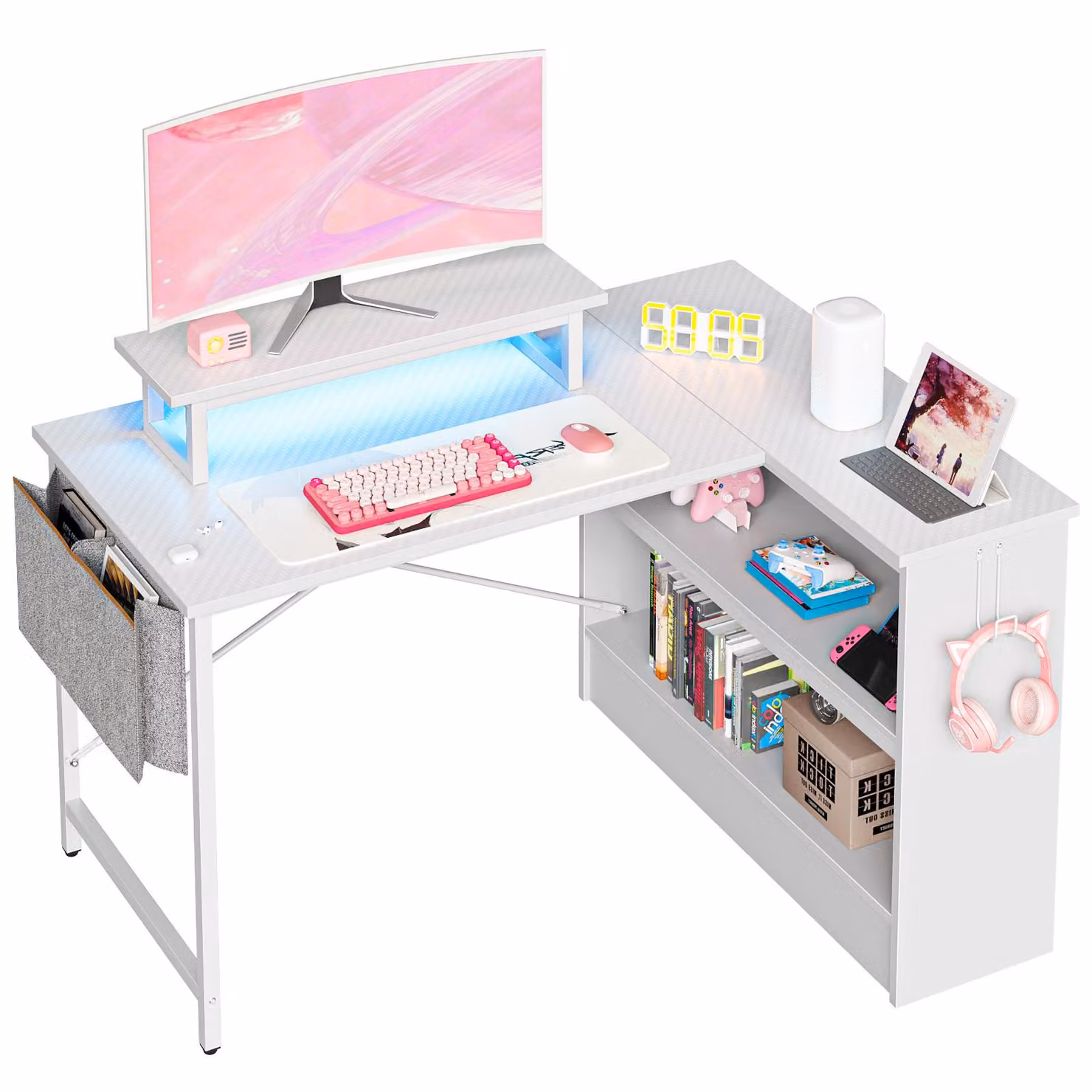 Scrivania da ufficio a forma di L 107 cm con supporto per monitor e luce - Ampio spazio di archiviazione con armadio, rinforzo a X, scrivania da gaming, scrivania angolare