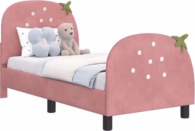 Letto singolo moderno per bambini e adulti con struttura imbottita in velluto rosa, L/P/H: 140 x 79 x 70 cm – 1