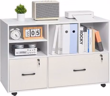 Mobiletto Portadocumenti VEVOR in Legno Bianco con 2 Cassetti e Ripiani Regolabili, Supporto per Stampante con Serratura per Home Office