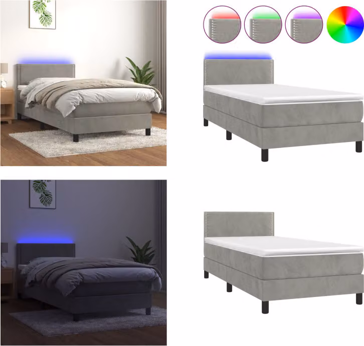 vidaXL Letto a molle con materasso e LED grigio chiaro 80x200 cm in velluto - Letto a molle - Boxspringbetten - Bett - Schlafzimmermöbel