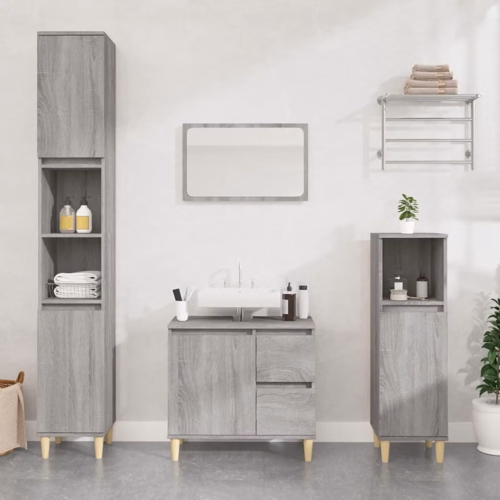 Set Mobili da Bagno Moderno vidaXL in Legno Multistrato Grigio, 3 Pezzi