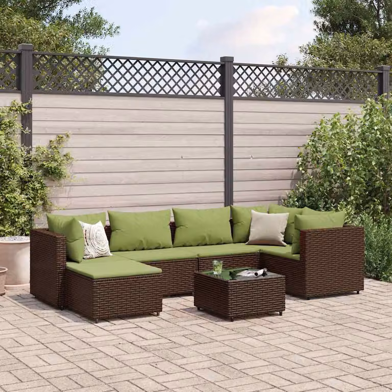 vidaXL Set Divani da Giardino 7 pz a Forma a L con Cuscini e Tavolino, Polyrattan Marrone e Verde con Struttura in Acciaio Verniciato a Polvere