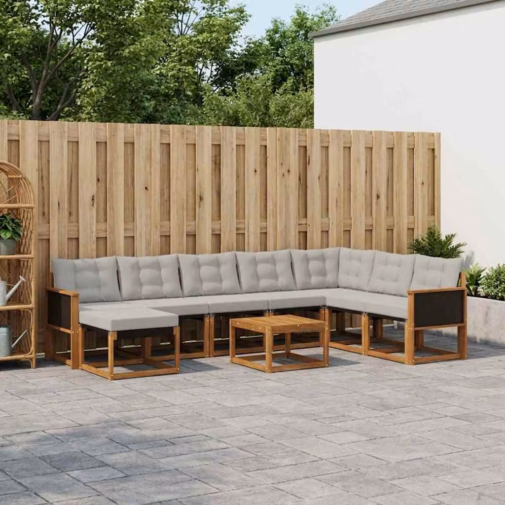 vidaXL Set di divani da esterno a forma di U composto da 9 pezzi in legno di acacia con cuscini in tessuto beige e grigio chiaro