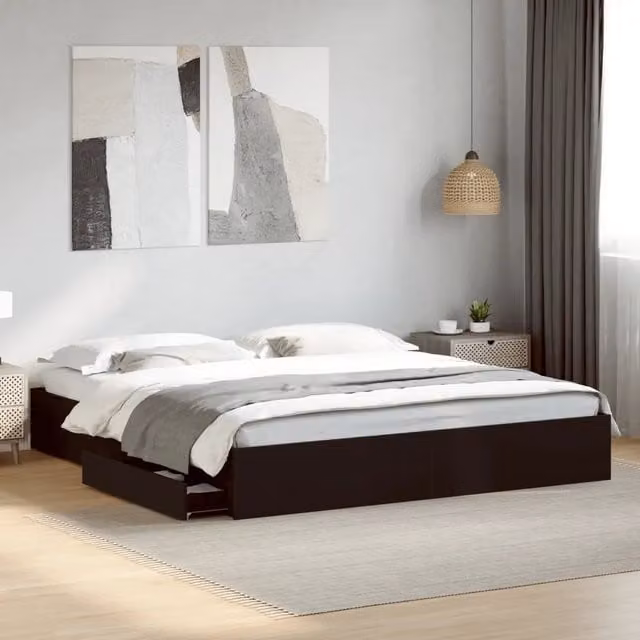 Giroletto con Cassetti Nero 200x200 cm in Legno Multistrato 3280630