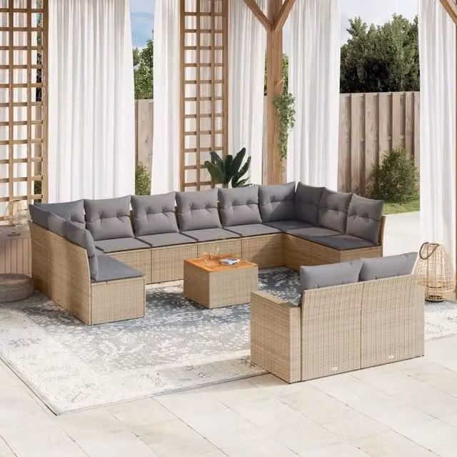 Set Divano da Giardino VIDAXL in Polyrattan Beige con 13 Cuscini a Forma di U – 1