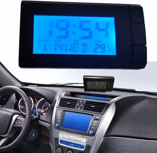 Orologio digitale per auto con termometro e illuminazione di sfondo, da montare sul cruscotto