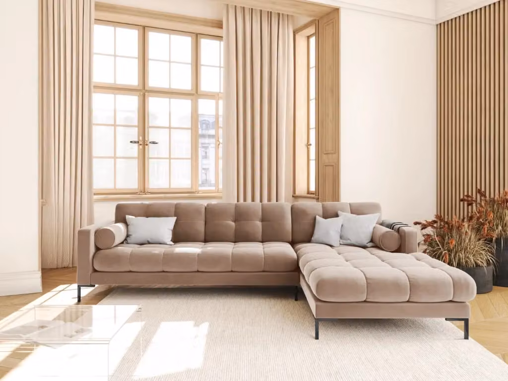 Divano angolare destro Bali di Cosmopolitan Design in velluto beige a 5 posti con design moderno per il tuo soggiorno L/P/H: 293 x 185 x 88 cm – 2
