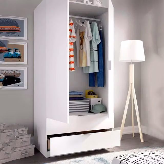 Armadio DMORA per camera da letto con 2 ante, 2 cassetti e barra appendiabiti, Bianco opaco, L: 81 cm, P: 52 cm, H: 184 cm – 1
