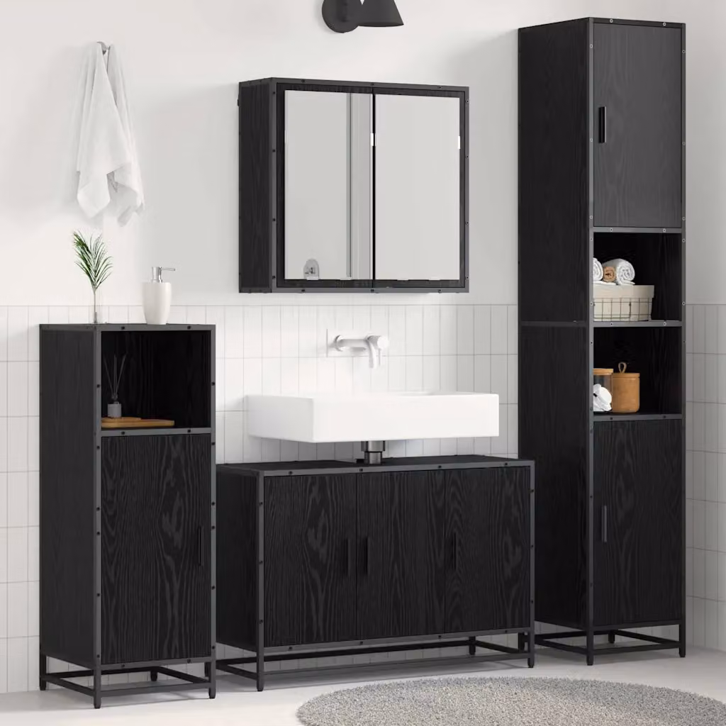 Set di mobili per il bagno moderno vidaXL 3 pezzi in rovere e nero con armadietto a specchio, mobile lavabo e mobiletto laterale – 1