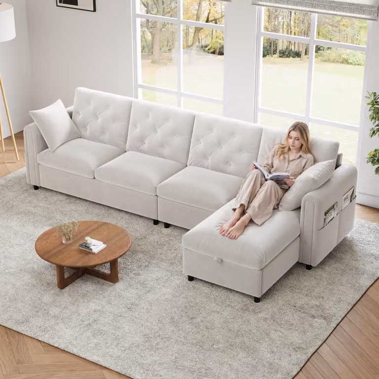Merax divano angolare a L 4 posti, divano con box letto, funzione letto, cuscini e tasche porta riviste, divano, set di divani, velluto, beige