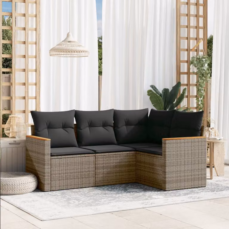 Set di divani da giardino vidaXL a forma di L composto da 4 pezzi in polyrattan grigio con cuscini inclusi e rivestimenti rimovibili