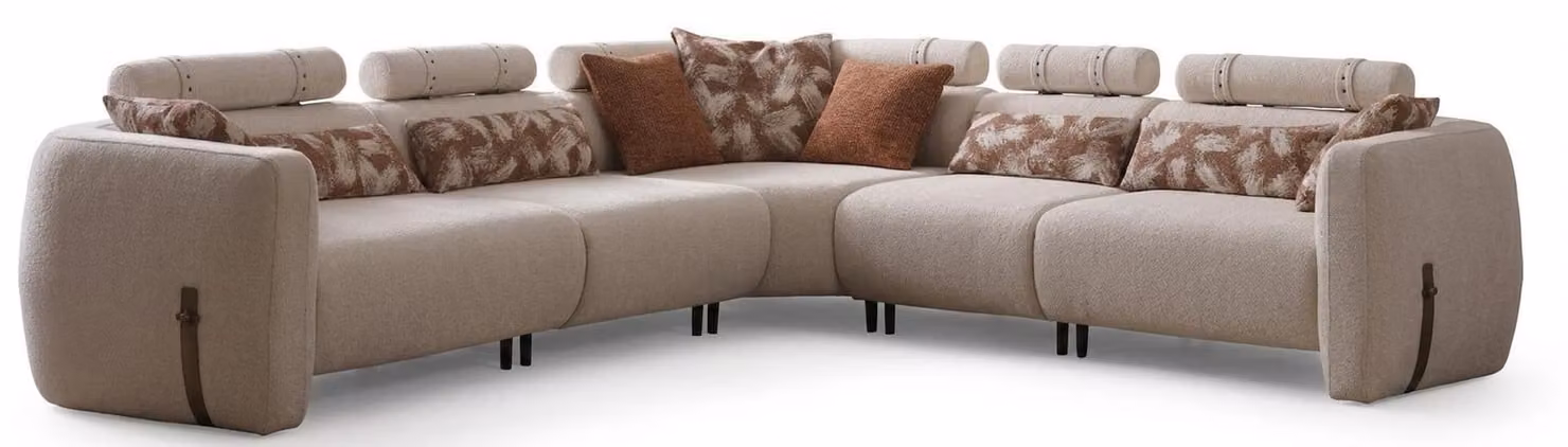 Divano angolare moderno, beige, resistente, robusto, confortevole, dal design neutro e semplice
