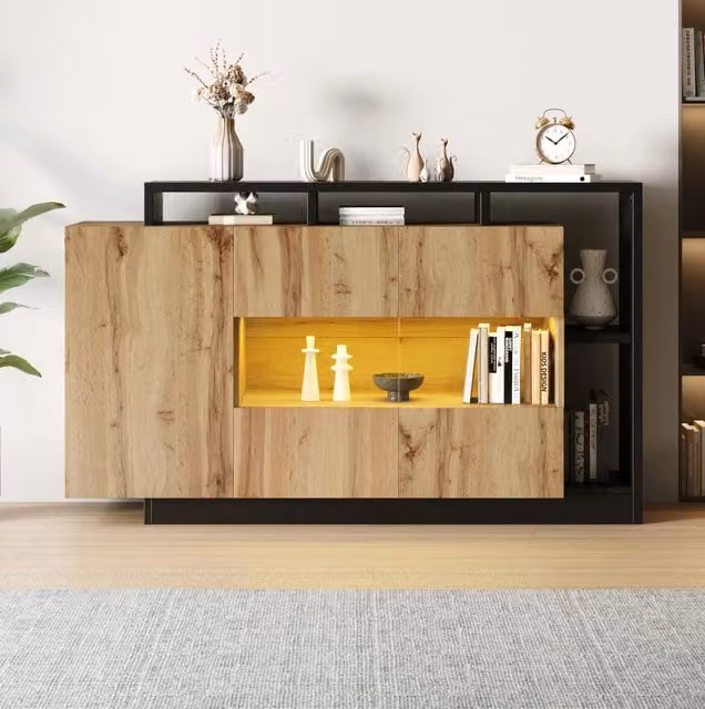 Sideboard 140x44x93.5 cm con LED RGB e ripiani regolabili in MDF naturale