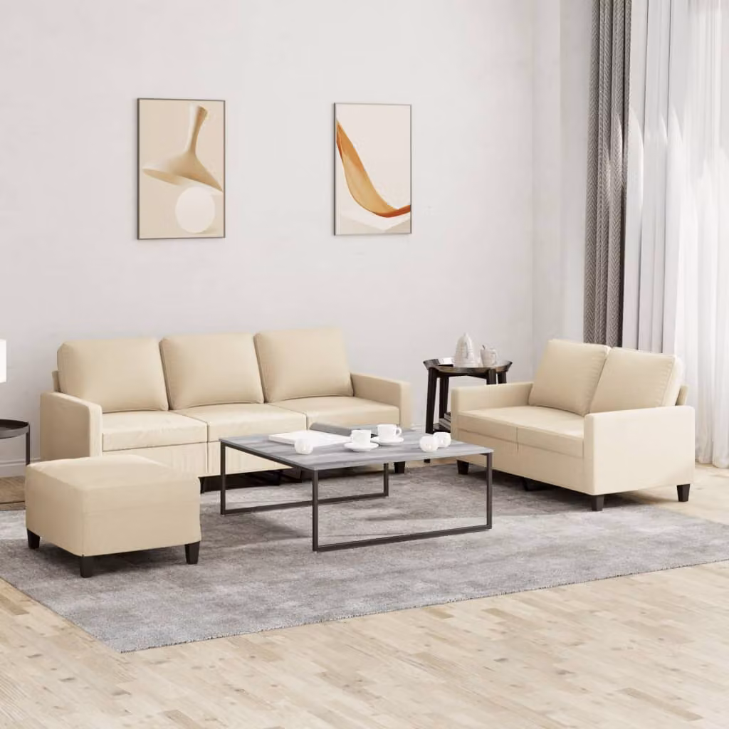 vidaXL Set di Divani Moderno 3 Pezzi in Tessuto Beige con Pouf e Cuscini – 1