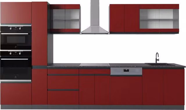 Cucina componibile moderna Vicco R-Line Rosso e Antracite con mobile alto e ante in vetro, L: 350 cm – 1