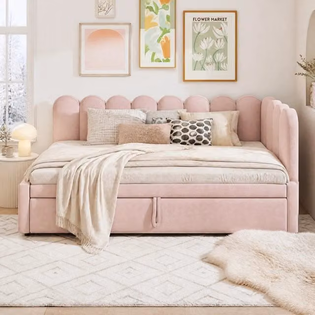 Divano Letto a L con Cassetti REDOM in Velluto Rosa per Cameretta Bambini L/P/H: 204.5 x 188.5 x 88.0 cm