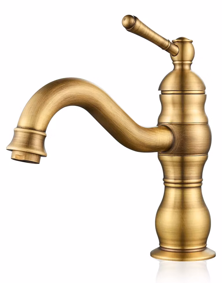 Miscelatore monocomando per lavabo, rotazione a 360°, finitura in ottone anticato, realizzato in ottone massiccio