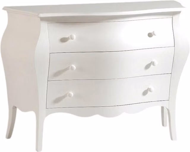 Comò shabby chic con 3 cassetti bombato in legno di pino bianco opaco Mobili 2G L: 118 cm, P: 50 cm, H: 85 cm – 1