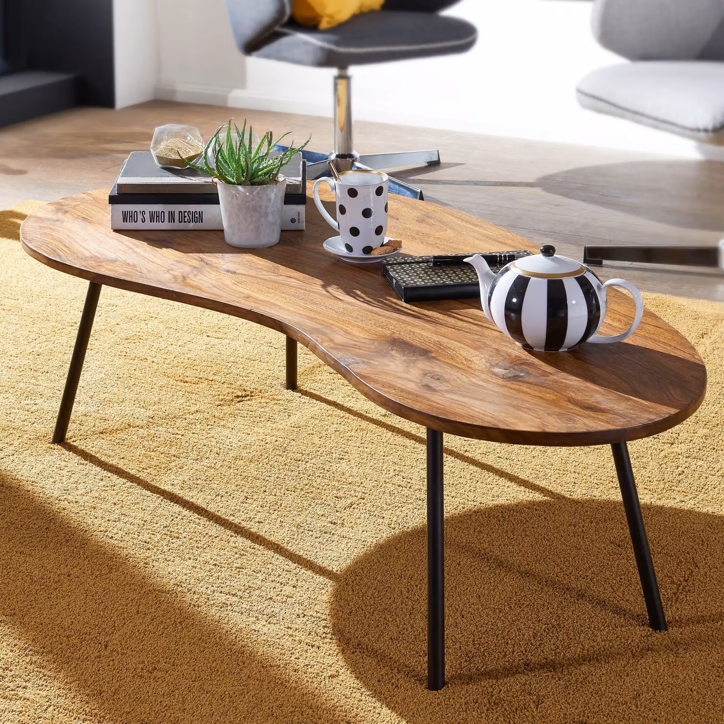 WOHNLING Design Tavolino KASI 122x36x63 cm in sheesham con gambe in metallo nero