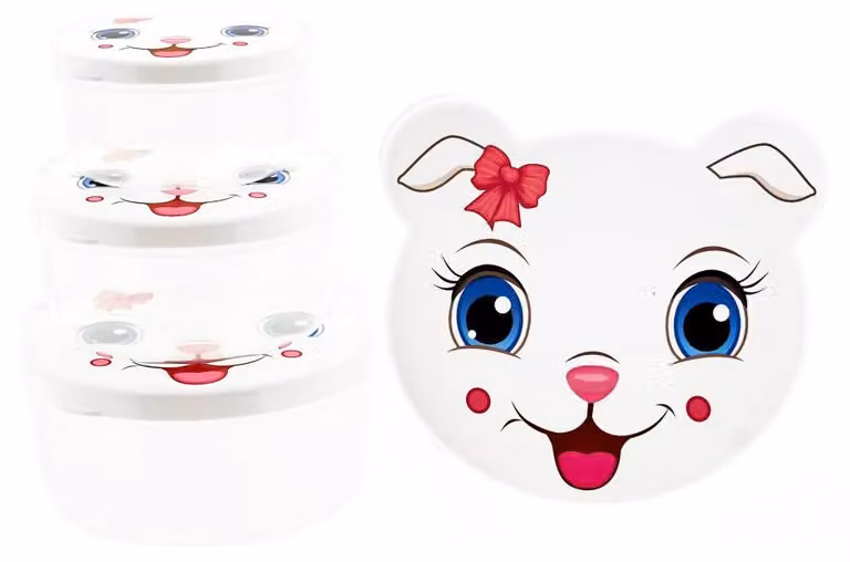 Contenitori per bambini - Set da 4 con motivi a forma di animali, senza BPA e impilabili - Gatto (bianco)
