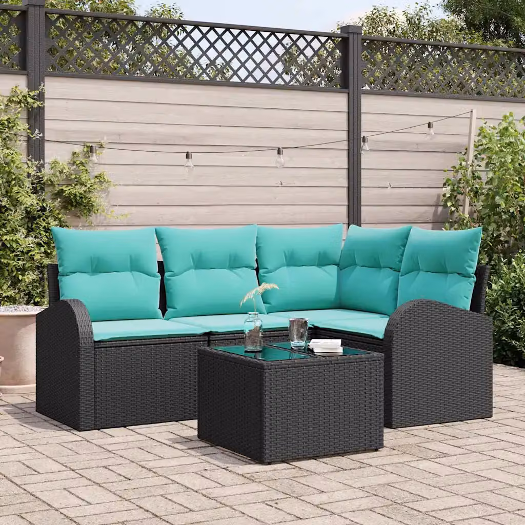 Set Divano da Giardino vidaXL 5 Pezzi a Forma di L con Tavolino e Cuscini, Colore Nero e Turchese