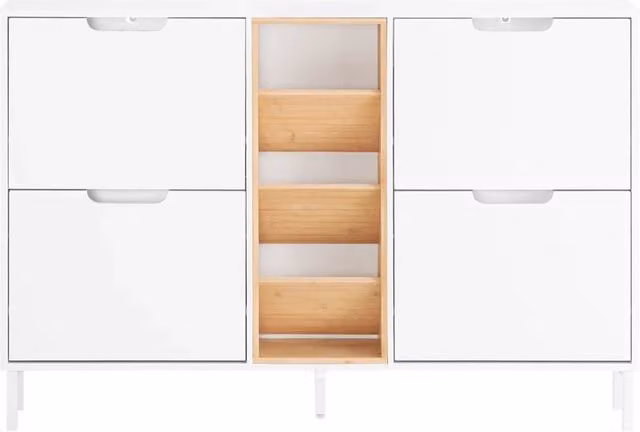 SoBuy Scarpiera Stretta con 4 Ante Basculanti e Ripiani, Bianco e Naturale, L/P/H: 126 x 19 x 85 cm