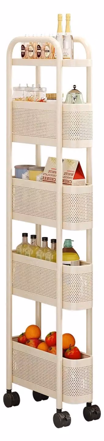 Carrello portaoggetti sottile, ideale per spazi stretti - Scaffalatura mobile - Larghezza 12 cm - 5 ripiani - Con cassetto - Rotazione a 360° - Acciaio - Beige
