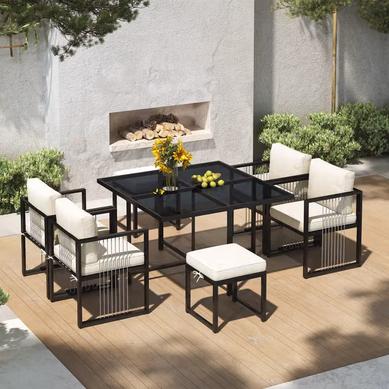 Set da giardino STILVORA con 2 poggiapiedi, 1 tavolo da pranzo e 4 poltrone, set di mobili da giardino con piano in vetro per 6 persone, set di mobili da balcone in acciaio zincato, nero