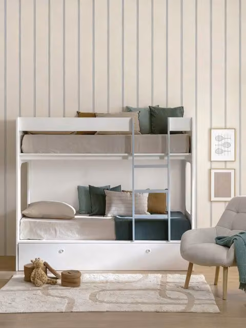 Letto a castello con letto estraibile Kenay Home per bambini, bianco e blu fiordo