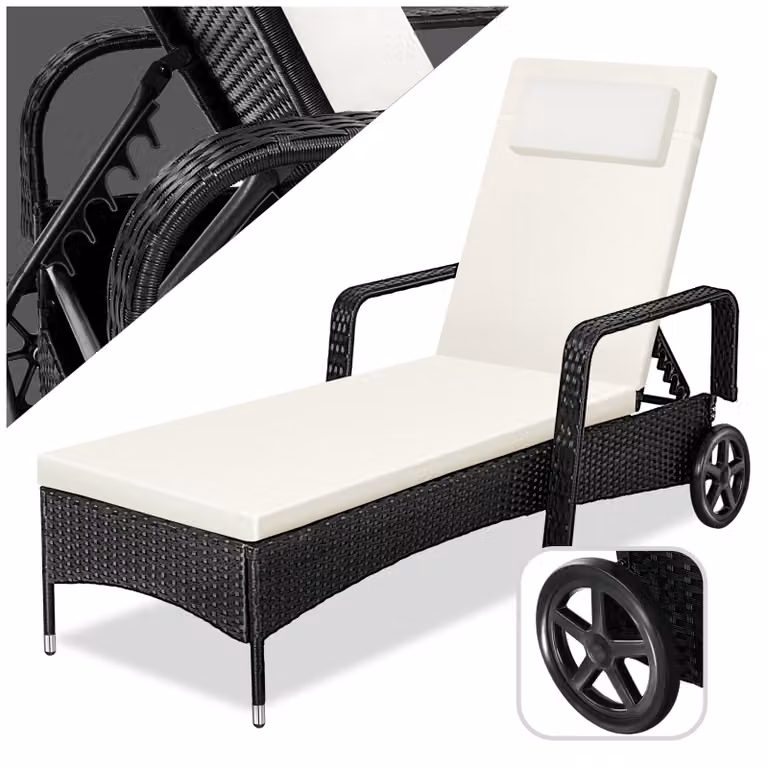 Lettino prendisole in polyrattan nero TecTake con ruote e poggiatesta regolabile