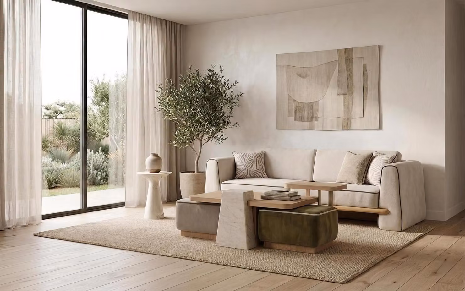 Divano a 3 posti, tavolino, set di tavolini, poggiapiedi, design moderno, colore bianco, elegante, lussuoso