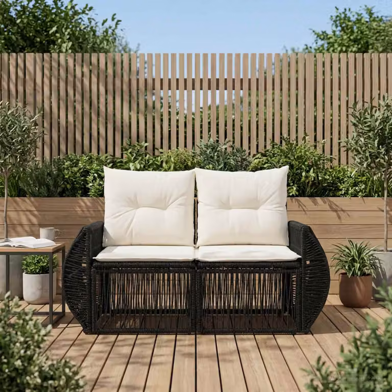 Divano da giardino a 2 posti vidaXL in polyrattan nero con cuscini inclusi