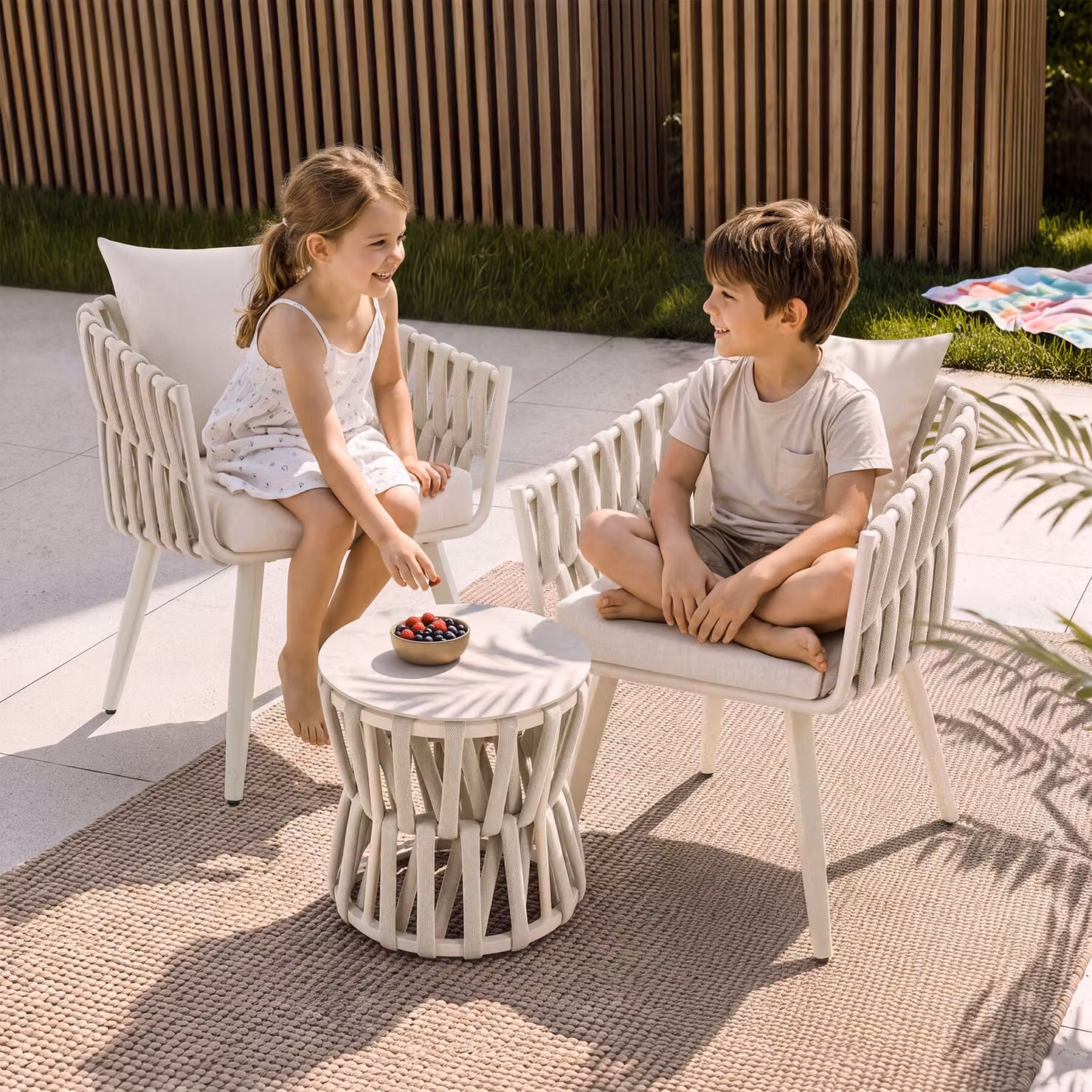 Set Lugano TecTake con design intrecciato in alluminio verniciato e piano in vetro, beige – 1
