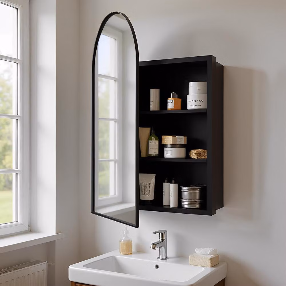 Specchio da bagno curvo, nero - Modello da parete con ante a specchio - Materiale: legno - Stile: moderno - Mobile contenitore