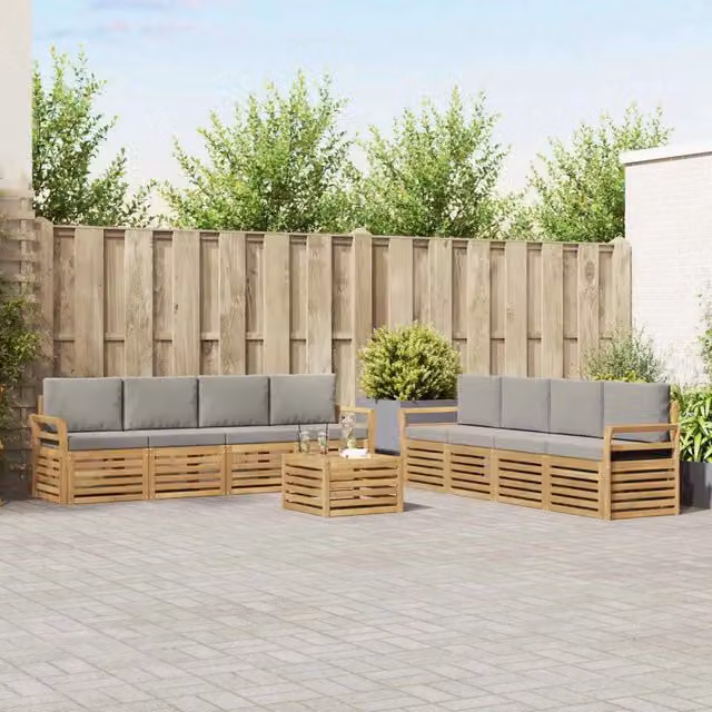 Set di mobili da giardino vidaXL in legno di acacia con divano a 3 posti, tavolino da caffè e cuscini, Bianco e Grigio