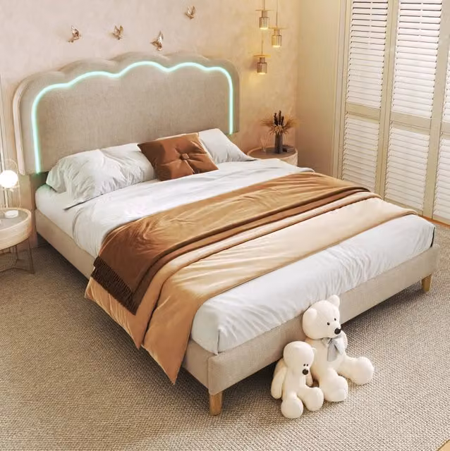 Letto matrimoniale imbottito Beige 140x200 cm con testiera LED regolabile e rete a doghe