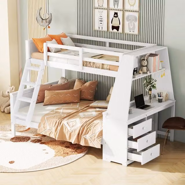 Letto a castello bianco in legno di pino 90×200 + 140×200 cm con scrivania, libreria e contenitori, per bambini e ragazzi, senza materassi