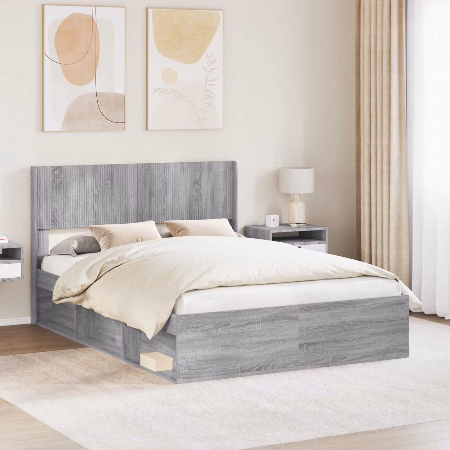 Letto con contenitore e testata vidaXL in legno Sonoma grigio L/P/H: 150 x 200 x 100 cm