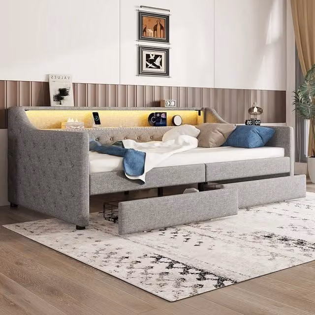 Letto singolo con cassetti e illuminazione - Xylo - 90x200 cm - Grigio