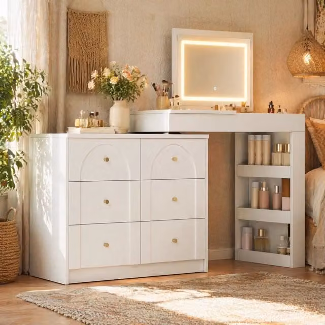Toeletta girevole con specchio LED; 7 cassetti e piano pieghevole; 105x40x80 cm; bianca