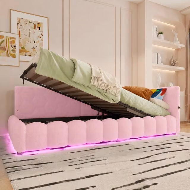 Letto singolo rosa 90x200 cm con contenitore idraulico, LED, USB e Type-C