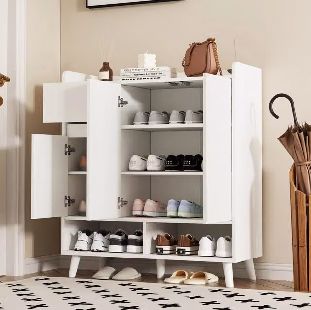 Mobile contenitore moderno bianco con ripiani interni e ante a battente per soggiorno o ingresso L/P/H: 99 x 35 x 35 cm